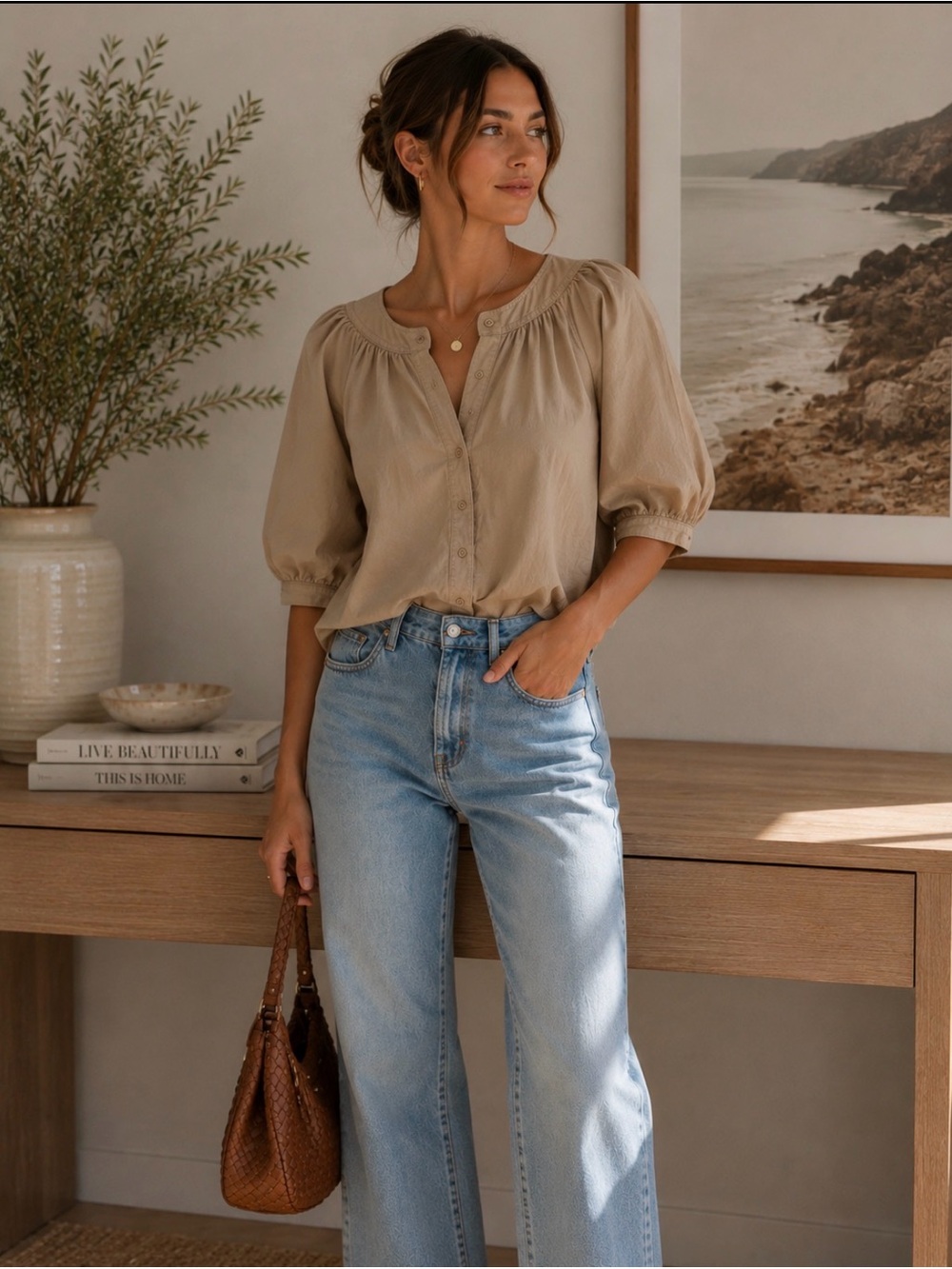 Lauren Ralph Lauren Beige Puff Sleeve Cotton Top | Cottagecore Minimalist Boho